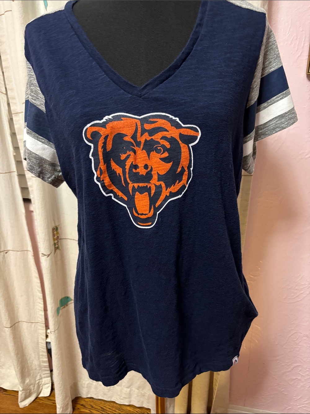 Majestic Navy V-Neck Tee with Orange Bear Graphic